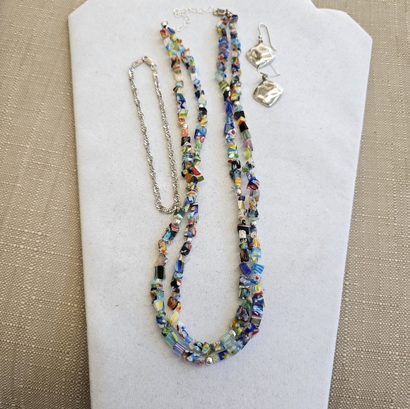 SET! Millefiori Glass Cubes Necklace, 925 SX Earrings & 925 Ankle Bracelet SET! - Picture 4 of 16